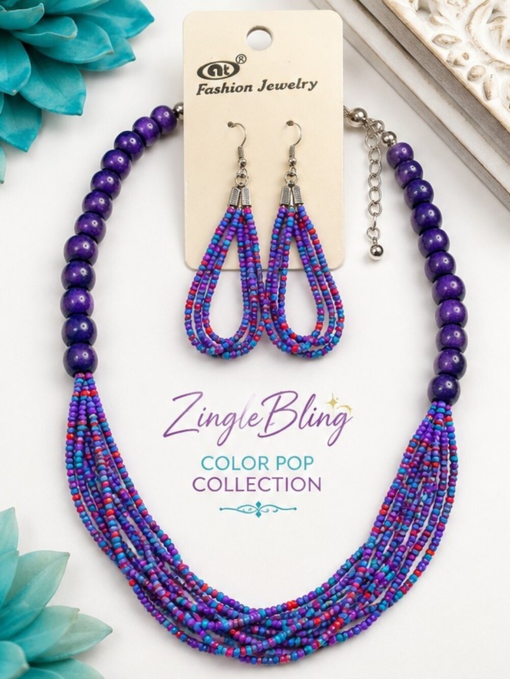 NOS Purple Wooden Bead Necklace Earring Set Boho Seed Bead Statement Jewelry 25"